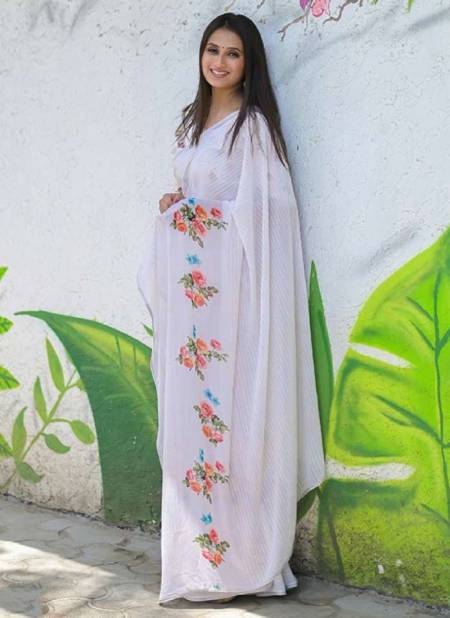 White Colour ASHIMA RIHANA DIGITAL Ethnic Wear Designer Weightless Printed Saree Collection 2607
